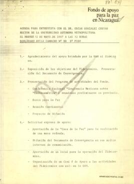 
Agenda para entrevista con el Dr. Oscar González Cuevas, rector de la Universidad Autónoma Metropolitana, el martes 12 de mayo de 1987 a las 12 horas. boulevard Avila Camacho no.29052.


