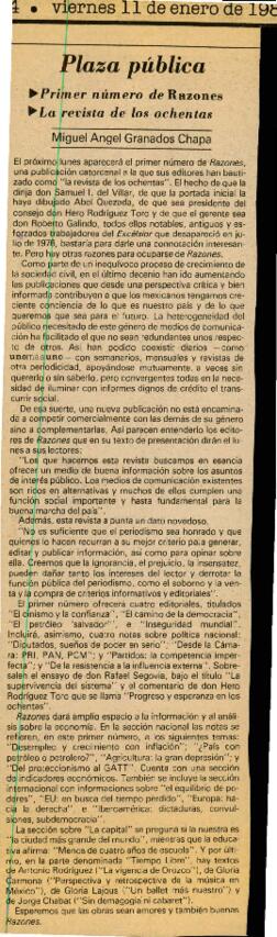 Primer número de Razones / La revista de los ochentas