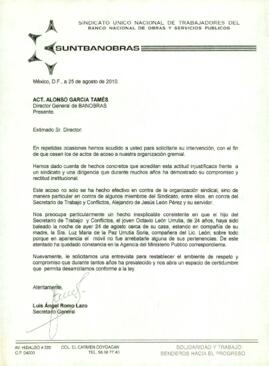 
Solicitud de intervención para que cesen los actos de acoso al sunbanobras (sindicato de trabajadores de BANOBRAS).


