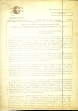 
Resultado de la Licitación Publica CPQ-01 - Proceso de Capitalización de Petroquímica Morelos, S.A de C.V.


