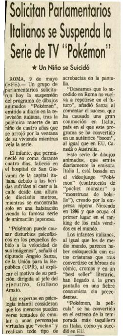 
Solicitan parlamentarios italianos se suspenda la serie de TV ´Pokémon´.


