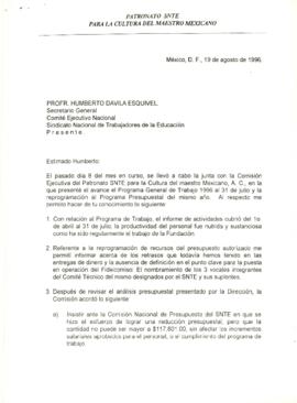 
Resumen del informe del Patronato SNTE sobre avances, reprogramación presupuestal y desafíos en el fideicomiso (1996).


