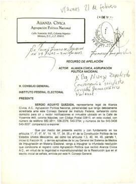 
Recurso de Apelación presentado por la Alianza Cívica, A.C. contra resolución del Instituto Federal Electoral en México.


