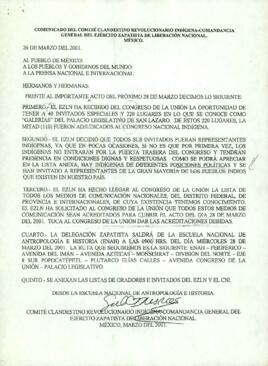 
Comunicado del Comité Clandestino Revolucionario Indigena-Comandancia General del Ejercito Zapatista de Liberación Nacional.



