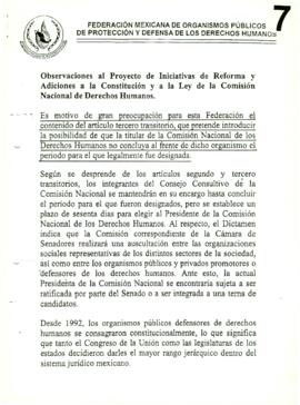 
Observaciones al Proyecto de Iniciativas de Reforma y Adiciones a la Constitución y a la Ley de la comisión Nacional de Derechos Humanos.



