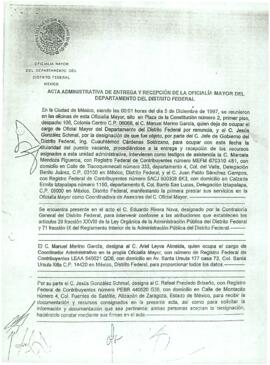 
Acta administrativa de entrega y recepción de la Oficialía Mayor del Departamento del Distrito Federal.


