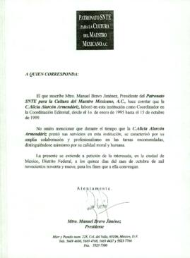 
Certificación de Trabajo de Alicia Alarcón Armendáriz en el Patronato SNTE para la Cultura del Maestro Mexicano A.C.


