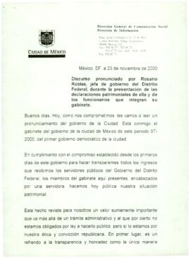 
Discurso de Rosario Robles, jefa de gobierno del Distrito Federal, durante la presentación de las declaraciones patrimoniales.


