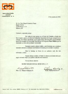 
Carta a Miguel Ángel Granados Chapa.


