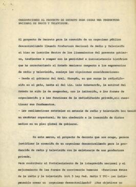 
Observaciones al proyecto de decreto para crear la productora nacional de radio y televisión.


