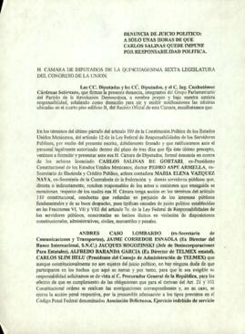 
Denuncia de juicio político : a solo unas horas de que Carlos Salinas quede impune por responsabilidad política.


