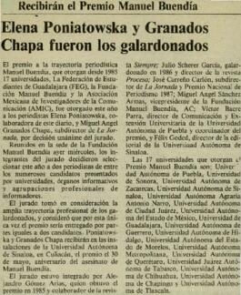 
Recibiran el Premio Manuel Buendía.
Elena Poniatowska y Granados Chapa fueron los galardonados.
Sin título.
Se quejan de la destrucción de sus cultivos.


