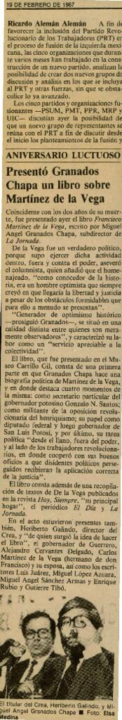
Aniversario Luctuoso.
Presentó Granados Chapa un libro sobre Martínez de la Vega.


