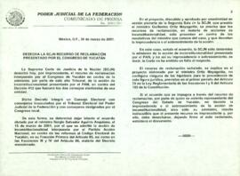 
Diseña SCJN Recurso de reclamación presentado por el Congreso de Yucatán.


