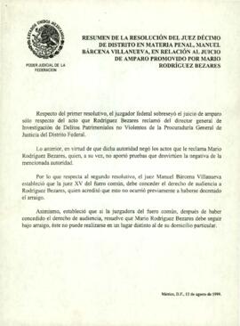 
Resumen de la resolución del Juez Décimo de Distrito en materia Penal, Manuel Bárcena Villanueva, en relación al juicio de amparo promovido por Mario Rodríguez Bezares.


