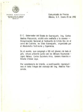 
Palabras pronunciadas por el C. Gobernador del Edo. de Guanajuato, Ing. Carlos Medina Plascencia, durante la IX Marcha Nacional al cerro del Cubilete, el día de hoy.



