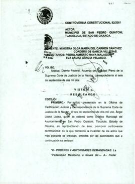
Controversia constitucional 82/2001, actor : Municipio de San Pedro Quiatoni, Tlacolula, Estado de Oaxaca.


