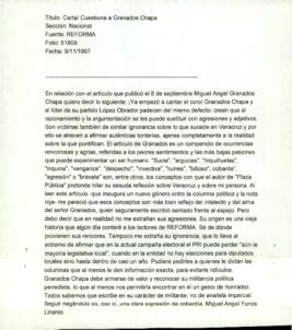 
Carta cuestiona a Granados Chapa.


