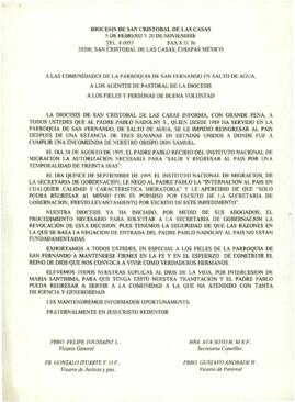 
Comunicado a la comunidad de las diocesis de San Cristobal de las Casas.



