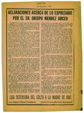 
Aclaraciones acerca de lo expresado por el Sr. Obispo Méndez Arceo.


