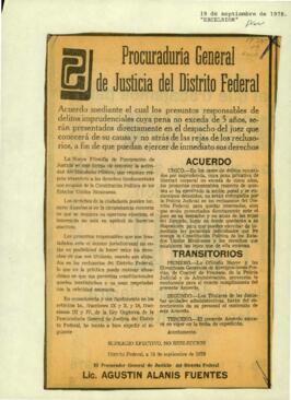 
Acuerdo mediante el cual los presuntos responsables de delitos imprudenciales cuya pena no exceda de 5 años, serán presentados directamente en el despacho del juez que conocerá de su causa y no atrás de las rejas de los reclusorios, a fin de que puedan ejercer de inmediato sus derechos.


