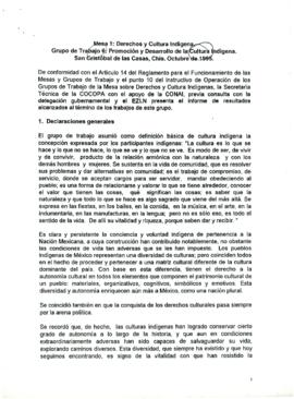 
Mesa 1 : Derechos y cultura indígena. Grupo de trabajao 6 : promoción y desarrollo de la cultura indígena. San Cristóbal de las Casas, Chis. Octubre de 1995.



