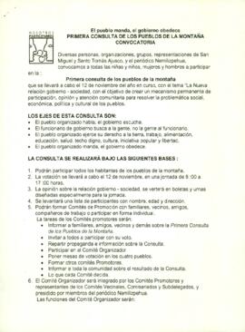 
El pueblo manda, el gobierno obedece. PRIMERA CONSULTA DE LOS PUEBLOS DE LA MONTAÑA. CONVOCATORIA.


