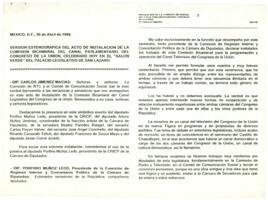 
Versión estenográfica del acto de instalación de la comisión bicamaral del canal parlamentario del congreso de la unión, celebrando hoy en el salón verde del palacio legislativo de San Lázaro.


