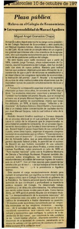 
Relevo en el Colegio de Economistas. La responsabilidad de Manuel Aguilera. El sistema premia a Fidel Velázquez.


