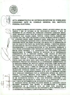
Acta administrativa de entrega-recepción de Consejero Ciudadano ante el Consejo General del Instituto Federal Electoral.


