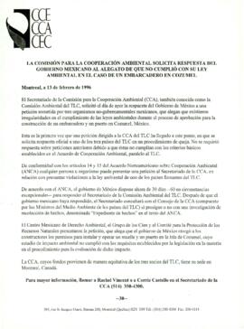
La Comisión para la Cooperación Ambiental solicita respuesta del gobierno mexicano al alegato de que no cumplió con su Ley Ambiental en el caso de un Embarcadero en Cozumel.



