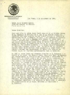 
Carta de la Dirección de Comunicación Social de la Presidencia de la República a Julio Scherer García.



