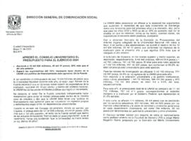 
Aprobó el Consejo Universitario el presupuesto para el ejercicio 2001.


