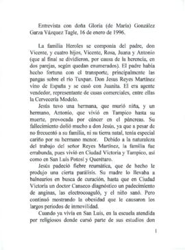 
Entrevista con doña Gloria (de María) González Garza Vázquez Tagle, 16 de enero de 1996.


