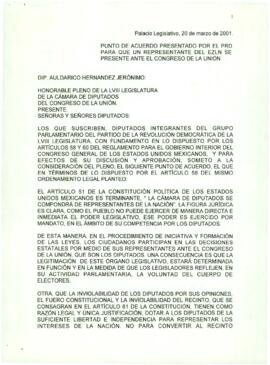 
Punto de acuerdo presentado por el PRD para que un representante del EZLN se presente ante el congreso de la Unión.



