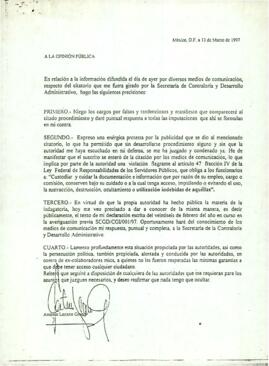 
Declaración ministerial respecto de hechos que. según información pública. invest1ga esta Procuraduría.


