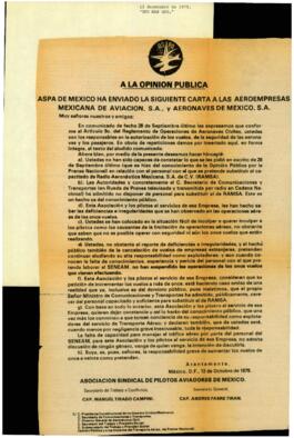 
Aspa de México ha enviado la siguiente carta a las Aeroempresas mexicana de Aviación, S. A. y Aeronaves de México, S. A.


