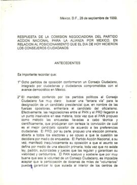 
Respuesta de la Comisión Negociadora del PAN sobre el proceso de selección del candidato presidencial en la Alianza por México, 1999.


