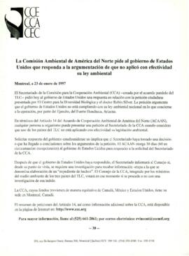 
La Comisión Ambiental de América del Norte pide al gobierno de Estados Unidos que responda a la argumentación de que no aplicó con efectividad su ley ambiental.


