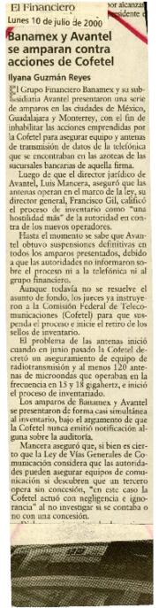 
Banamex y Avantel se amparan contra acciones de Cofetel.
Cofetel, urgen soluciones este sexenio.
Recuperación, diagnóstico para cadenas.


