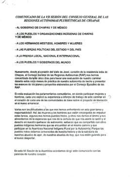 
Comunicado de la VII Sesión del Consejo General de las Regiones Autónomas pluriétnicas de Chiapas.


