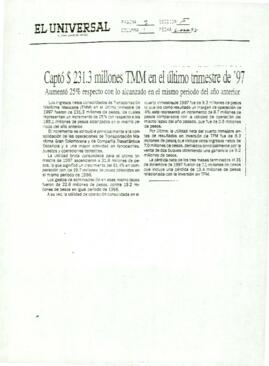 
Captó$ 231.3 millones TMM en el último trimestre de ´97.


