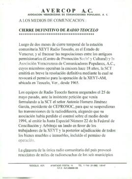 
Cierre definitivo de Radio Teocelo.


