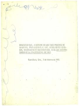 
Discurso del Lic. Jesús Reyes Heroles secretario de gobernación en el 61 aniversario de la constitución de 1917.


